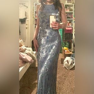 Blue Satin Floral Printed Formal Dress